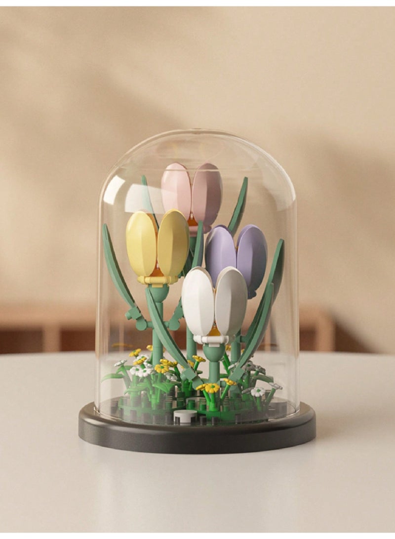 ترتيبات أزهار دائمة من قطع البناء - نماذج زهور مصغرة قابلة للتجميع، تشمل زهور الزنبق، الياسمين، التوليب، الورد، والموكبين، مثالية لديكور المنزل، أفكار هدايا إبداعية لعيد الميلاد، عيد الحب، عيد الفصح، والعطلات الأخرى، مع غطاء واقي وقاعدة. - Image 3